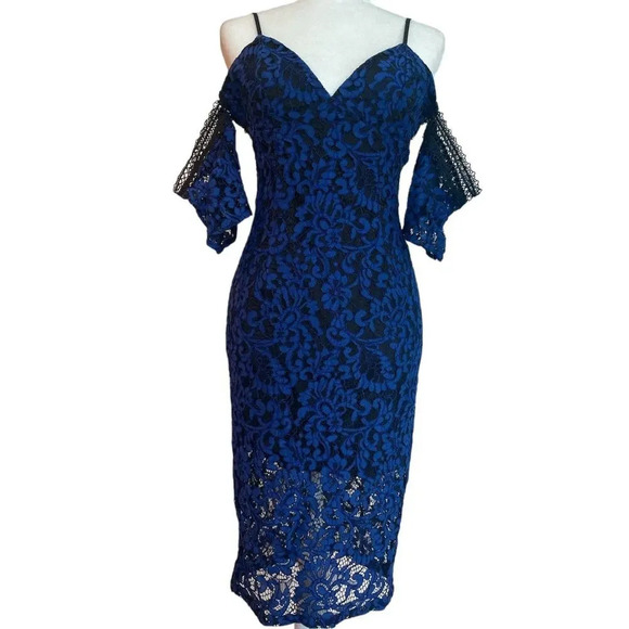 Bardot Women's Taegen Midi Dress Navy Blue Black Size 8 Lace Off Shoulder Lacey - Picture 3 of 9